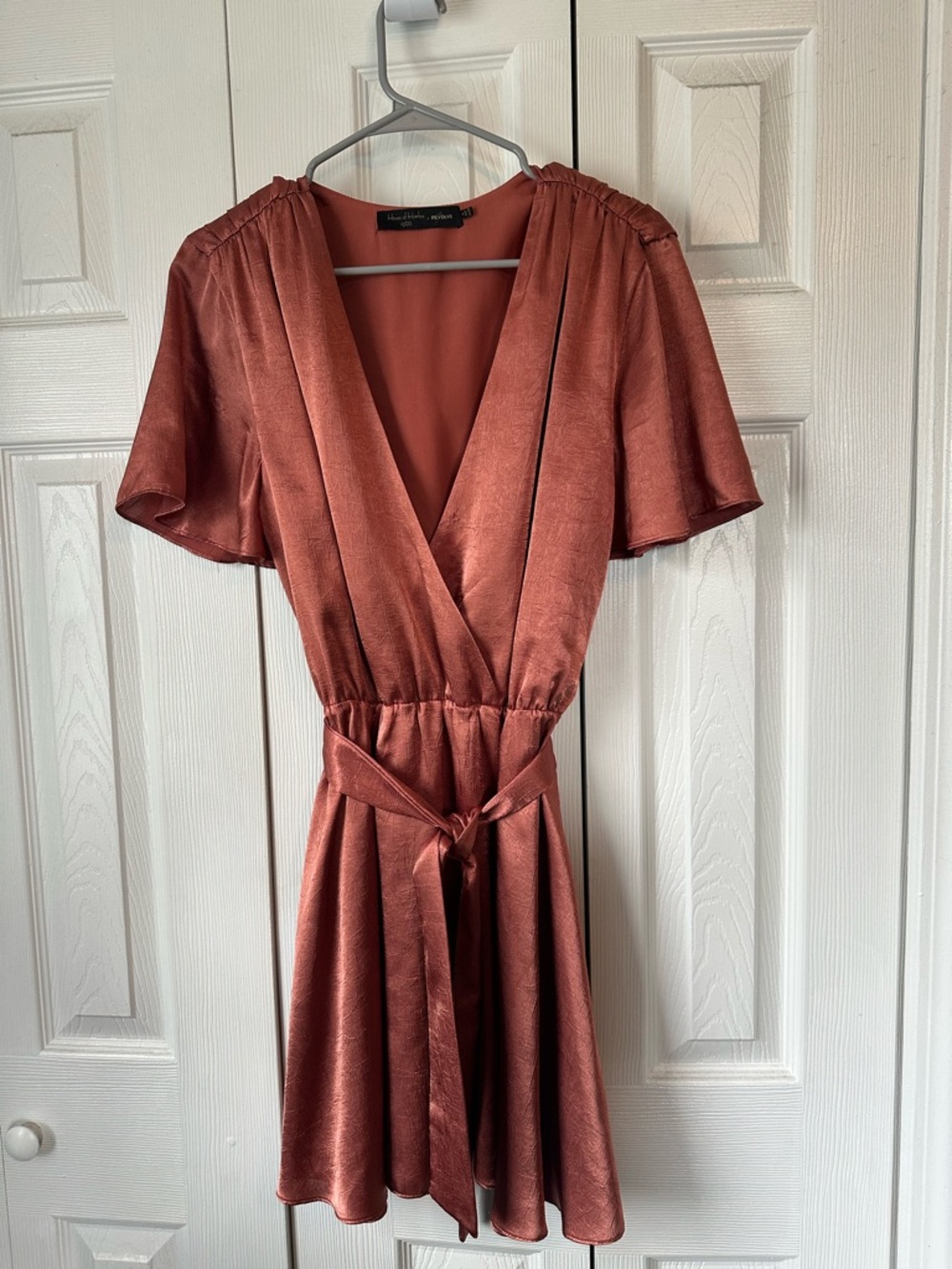 House of Harlow 1960 Copper Rust Satin Wrap Mini Dress